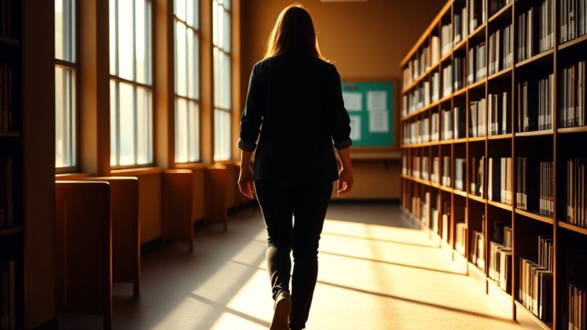 Silhouette d'un enseignant de dos dans une bibliothèque scolaire américaine vide, lumière d'après-midi.