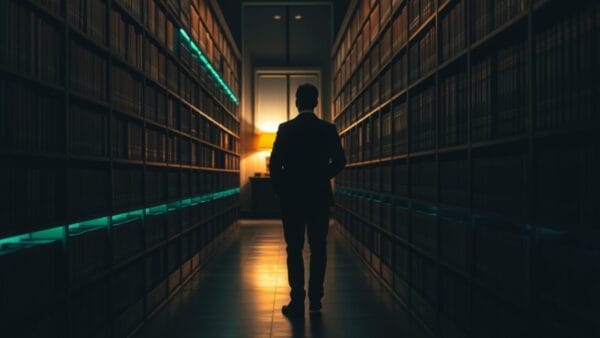 Silhouette dans une bibliothèque juridique évoquant l'archive propriétaire de Thomson Reuters