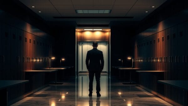 Bureau de cabinet fiscal au crépuscule, silhouette d'un conseiller de dos au fond du couloir.