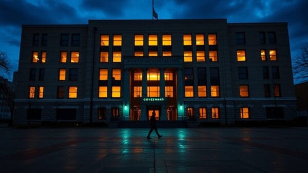 Façade d'un bâtiment administratif au crépuscule, silhouette solitaire s'éloignant sur une place vide
