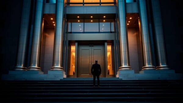 Façade d'un bâtiment financier au crépuscule, silhouette de dos devant de grandes portes fermées.