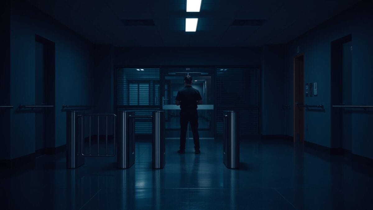 Agent Claude : le 1er piratage documenté d'un gymnase 1 Hall d'accueil vide d'une salle de sport au crépuscule, tourniquet en acier brossé et porte vitrée fermée.