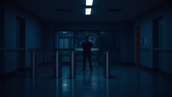 Hall d'accueil vide d'une salle de sport au crépuscule, tourniquet en acier brossé et porte vitrée fermée.