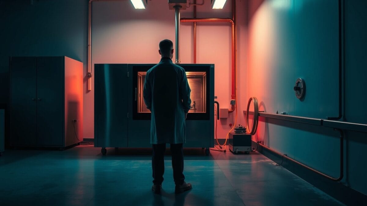 Agents IA : 100 millions de tokens pour découvrir un matériau stable 1 Chambre de dépôt plasma basse température dans un laboratoire silencieux, silhouette de chercheur de dos au loin.