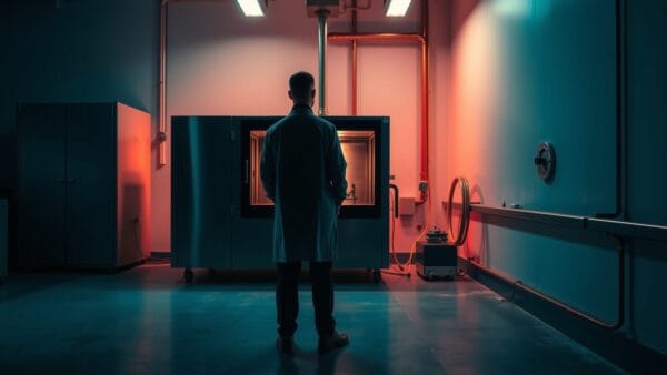 Chambre de dépôt plasma basse température dans un laboratoire silencieux, silhouette de chercheur de dos au loin.