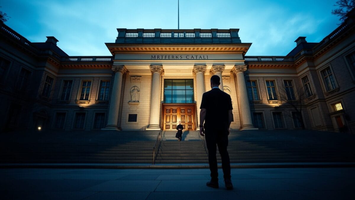 AI Act : transparence IA obligatoire au 2 août — le guide développeurs 1 Façade d'une institution européenne au crépuscule, portes de bronze entrouvertes, silhouette de dos au loin.