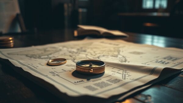 Une boussole dorée posée sur une carte papier ancienne, sur un bureau en bois sombre.