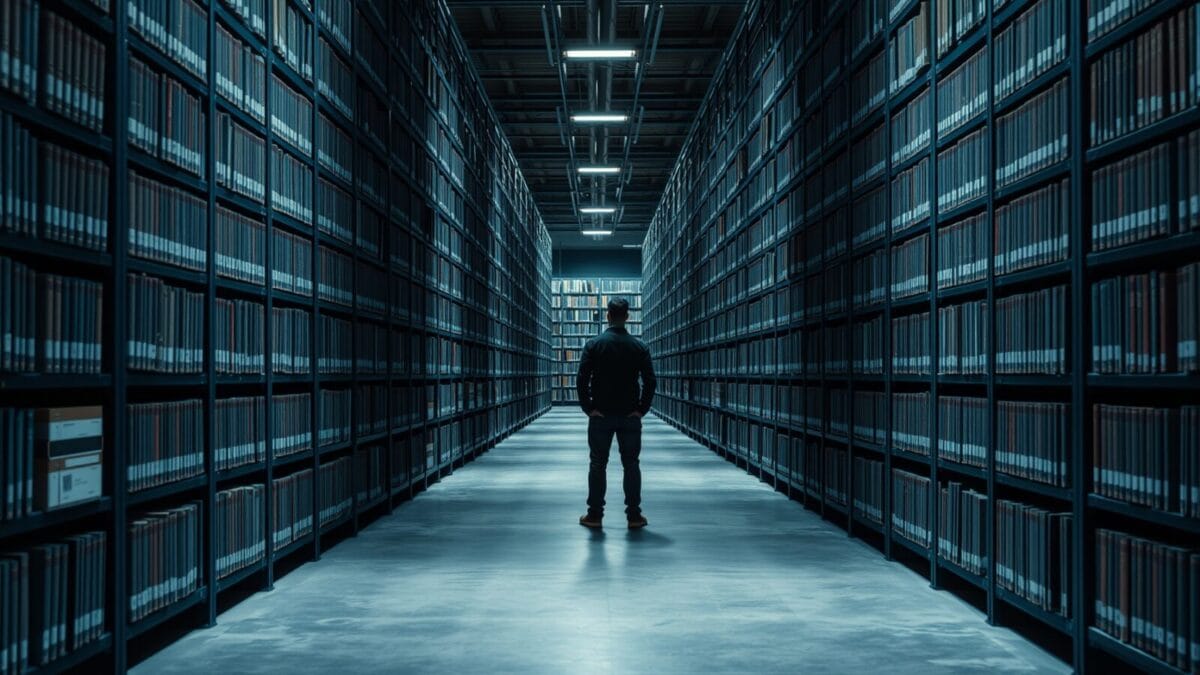 AlphaFold : l'IA ne « découvre » rien sans 21 milliards 1 Long couloir d'archives institutionnelles où deux allées bifurquent, une silhouette de dos au loin.