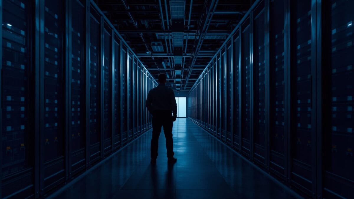 Allée d'un centre de données aux racks d'acier sombre, silhouette d'un technicien de dos au loin.