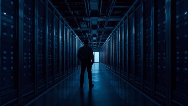 Allée d'un centre de données aux racks d'acier sombre, silhouette d'un technicien de dos au loin.