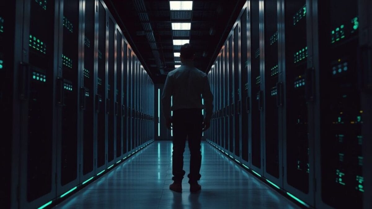 Salle serveurs sombre, racks en acier brossé, silhouette d'un ingénieur de dos au fond de l'allée.