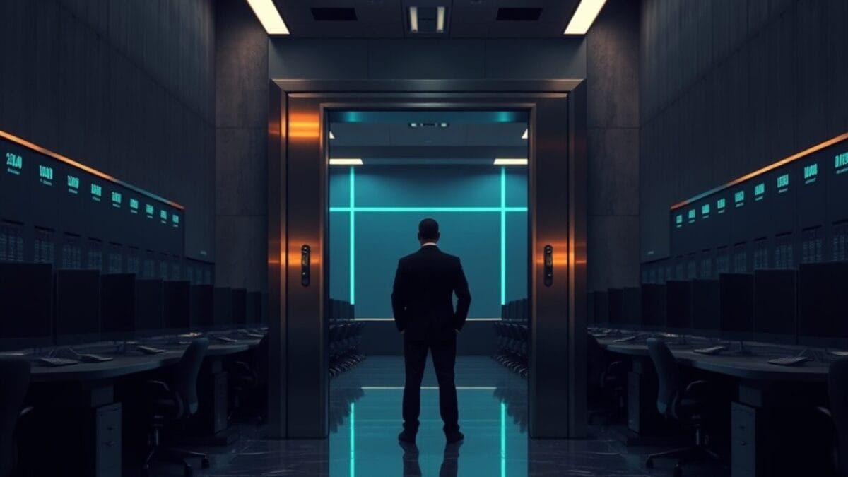 Salle de trading institutionnelle vide avec une porte de coffre-fort entrouverte, ambiance nocturne