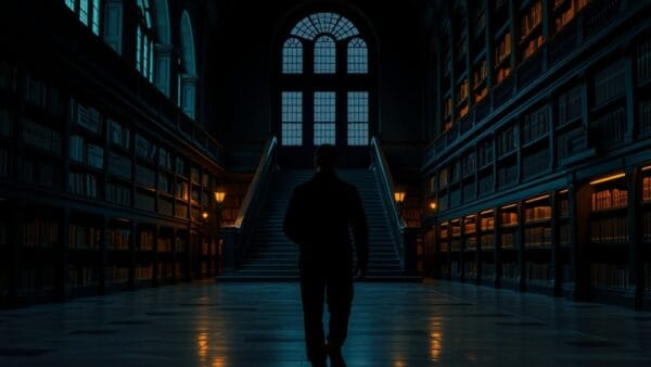 Salle de bibliothèque universitaire vide avec silhouette de dos près d'un escalier en marbre