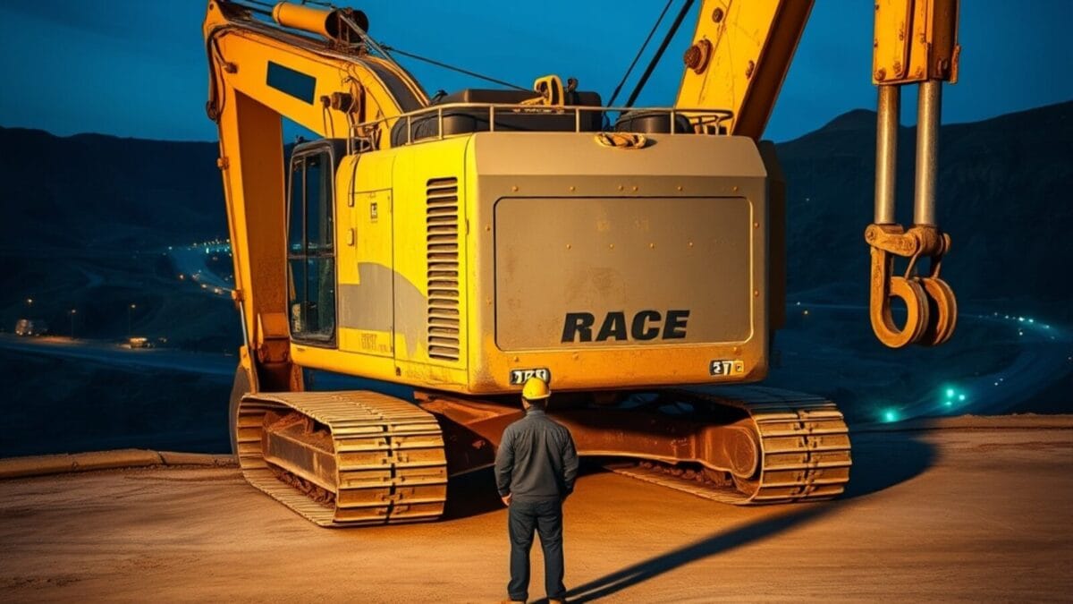 Caterpillar : 16 pétaoctets de données minières réinvestis dans l'IA industrielle 1 Excavateur minier au crépuscule sur une terrasse de mine à ciel ouvert, silhouette d'un ouvrier au loin.