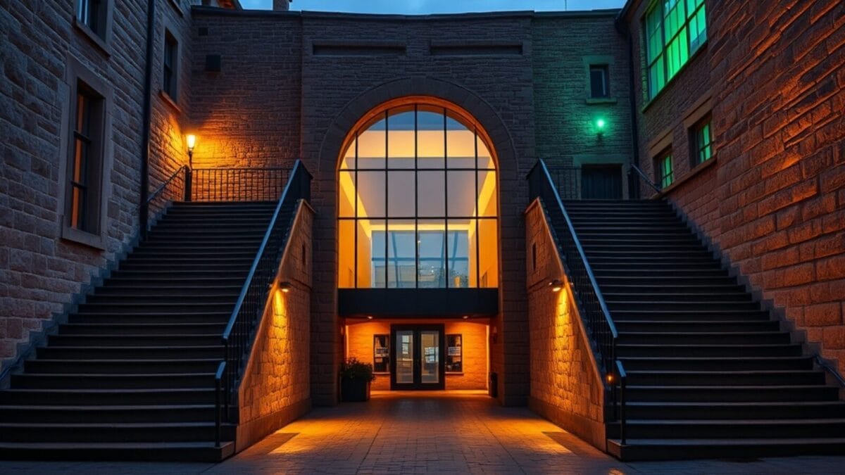 ChatGPT et raisonnement causal : le dilemme de l'originalité étudiante 1 Cour universitaire en pierre, deux escaliers divergents entre aile ancienne et aile moderne au crépuscule.