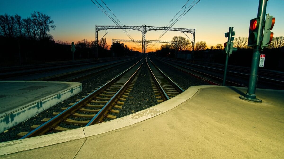 Une bifurcation de rails en acier au crépuscule dans une gare vide, symbole d'un choix.