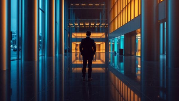 Atrium d'entreprise vide au crépuscule, silhouette de dos au loin sur un sol de marbre sombre.