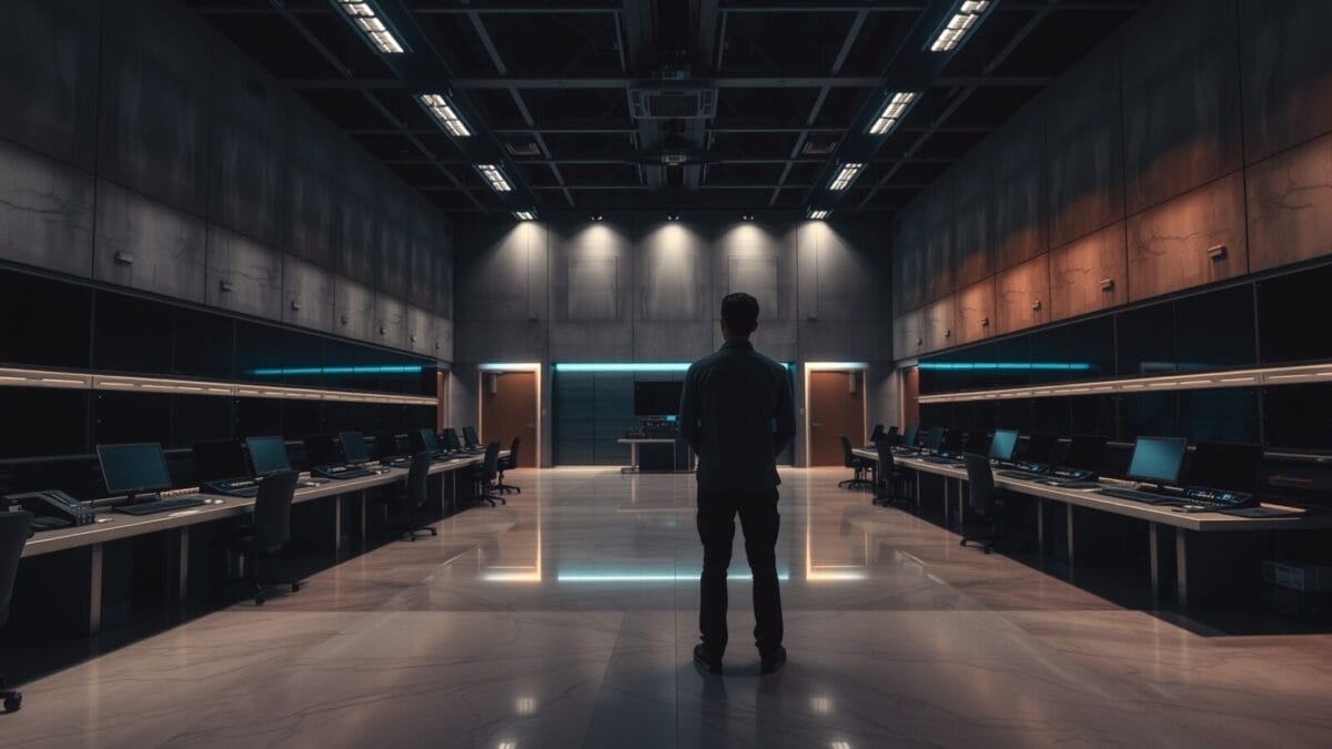 Salle de contrôle vide au crépuscule, consoles en acier éteintes, technicien de dos au loin.