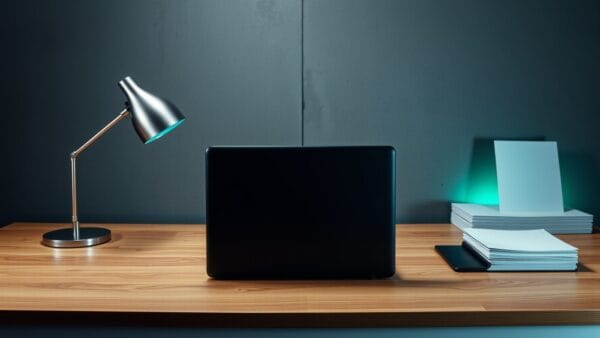 Bureau de travail ordonné avec ordinateur portable fermé, sans écran allumé ni présence humaine.