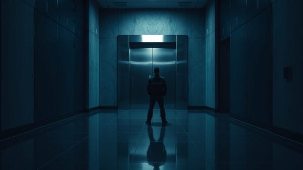 Porte de salle serveur entrouverte dans un couloir sombre, silhouette d'un technicien de dos au loin.