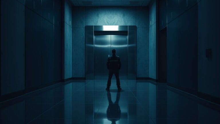 Porte de salle serveur entrouverte dans un couloir sombre, silhouette d'un technicien de dos au loin.