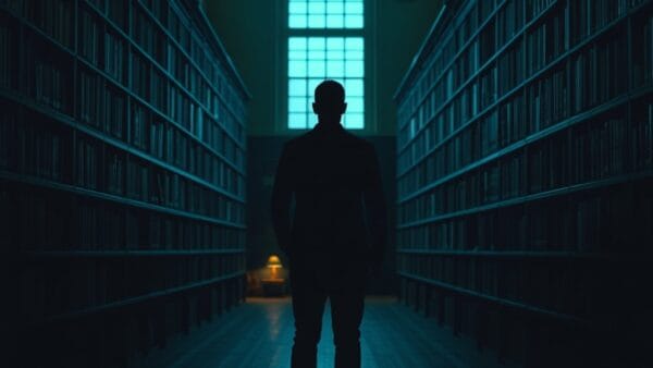 Bibliothèque institutionnelle silencieuse évoquant l'archivage du code et de la connaissance métier