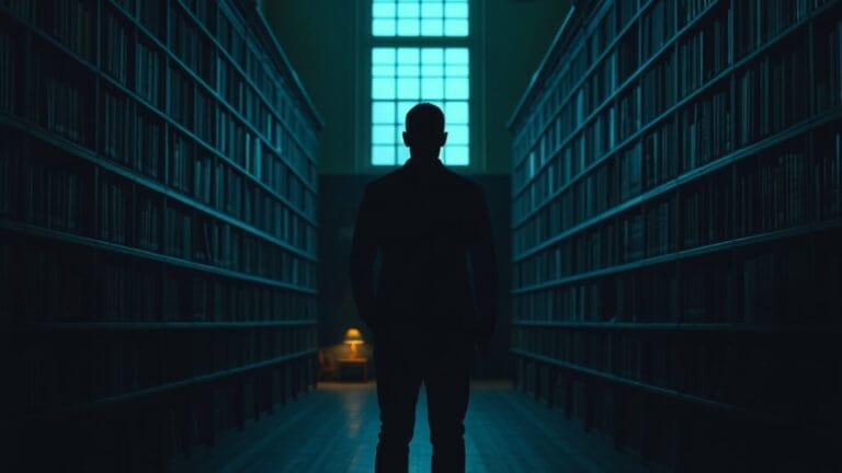 Bibliothèque institutionnelle silencieuse évoquant l'archivage du code et de la connaissance métier