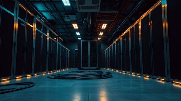 Salle serveur d'entreprise vide au crépuscule, racks en acier brossé et écrans éteints.
