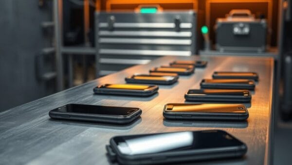 Rangée de smartphones éteints, posés face contre table sur un établi en acier dans un laboratoire de test.