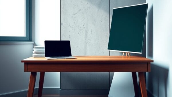 Bureau ordonné avec ordinateur fermé et supports de présentation vierges
