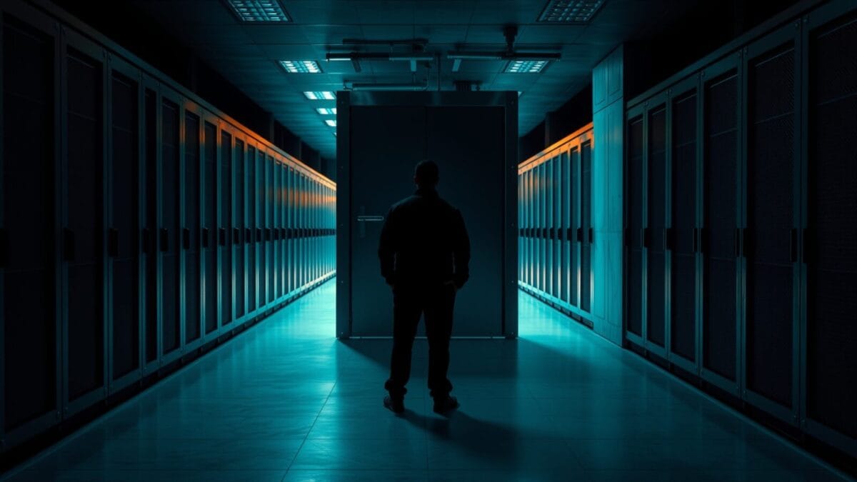 Gartner : agents IA et données fiables à l'horizon 2027 1 Porte de coffre-fort en acier entrouverte dans un couloir de serveurs, silhouette d'un technicien de dos au loin.