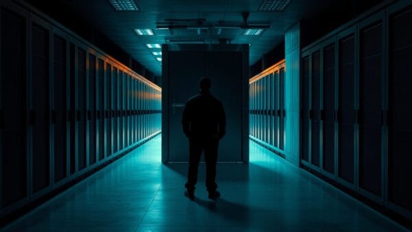 Porte de coffre-fort en acier entrouverte dans un couloir de serveurs, silhouette d'un technicien de dos au loin.