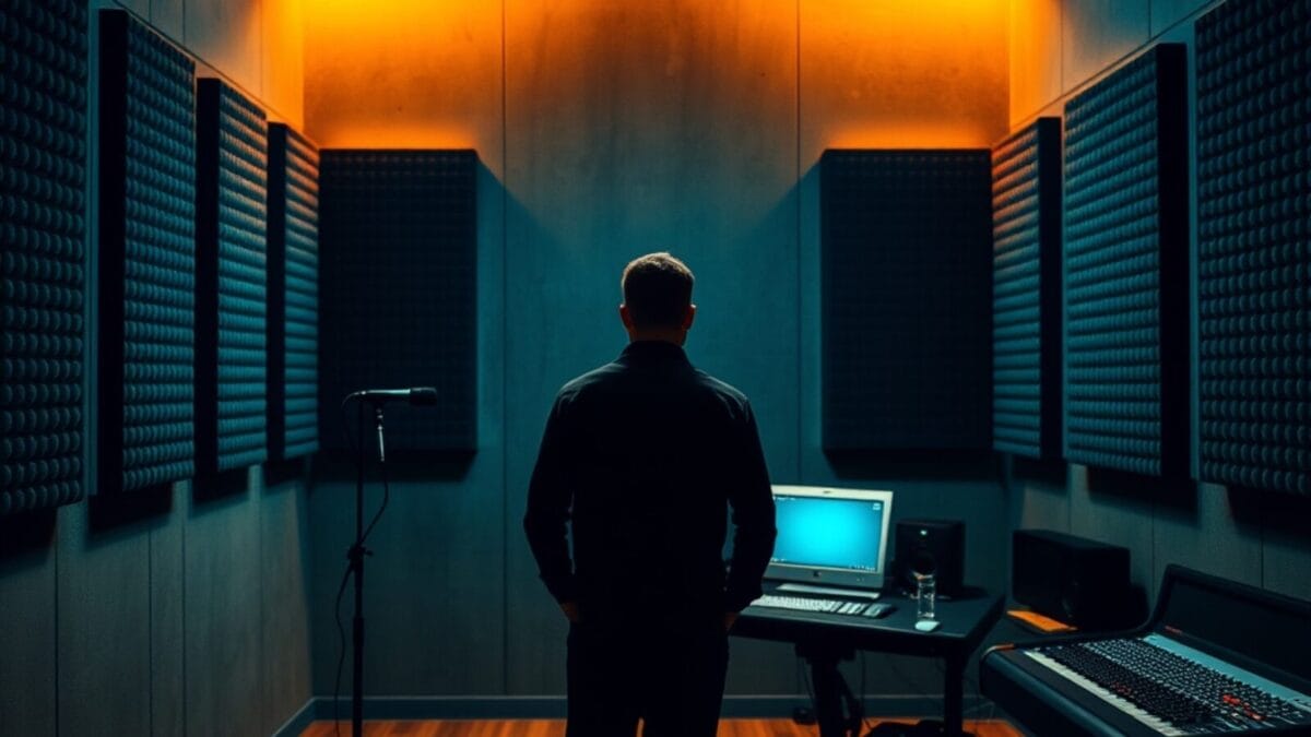 Studio d'enregistrement vide avec micro et console audio, ambiance feutrée