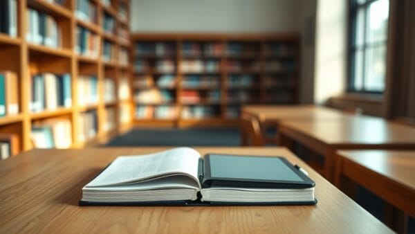 Bureau d'étudiant ordonné dans une bibliothèque, carnet ouvert et tablette éteinte sur bois clair.