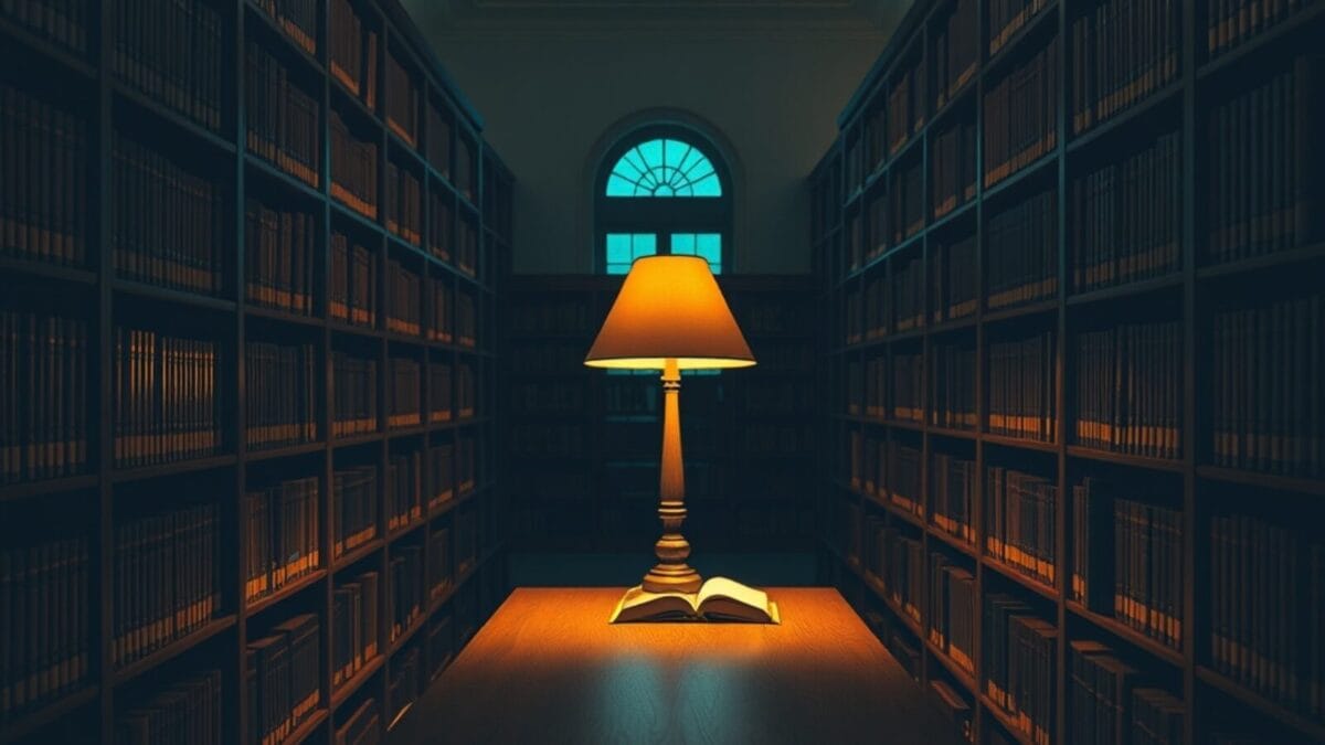 Gemini Notebook : 100 000 livres deviennent interrogeables 1 Salle de lecture institutionnelle vide avec rangées de livres et lumière chaude au crépuscule