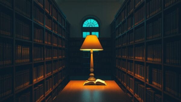 Salle de lecture institutionnelle vide avec rangées de livres et lumière chaude au crépuscule