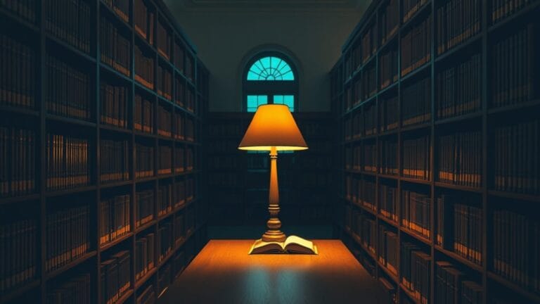 Salle de lecture institutionnelle vide avec rangées de livres et lumière chaude au crépuscule
