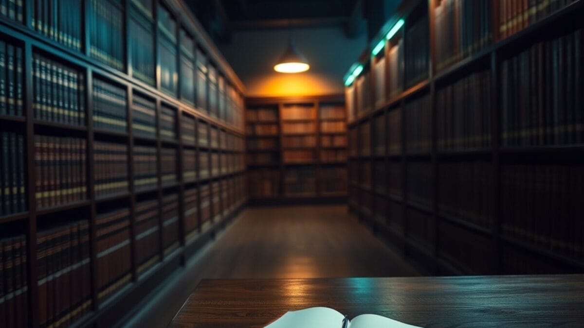 Gemini Notebook intègre les livres : nouvelle fonctionnalité 1 Bibliothèque institutionnelle silencieuse avec bureau vide et carnet fermé, ambiance feutrée