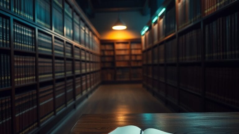 Bibliothèque institutionnelle silencieuse avec bureau vide et carnet fermé, ambiance feutrée