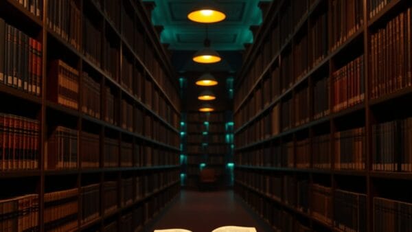 Bibliothèque institutionnelle silencieuse avec livre fermé sur table de marbre