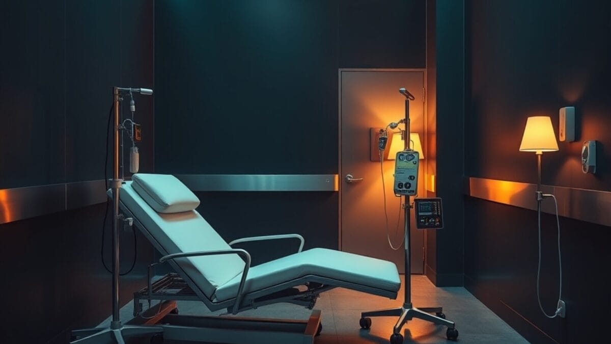 Salle de perfusion vide évoquant les thérapies expérimentales de longévité