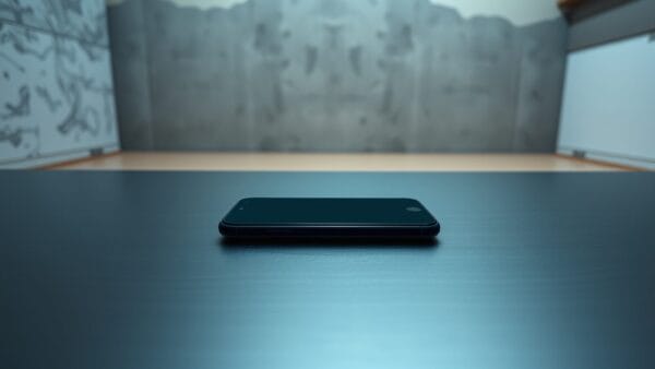 Un smartphone noir éteint posé face contre une table en acier brossé dans un bureau vide.