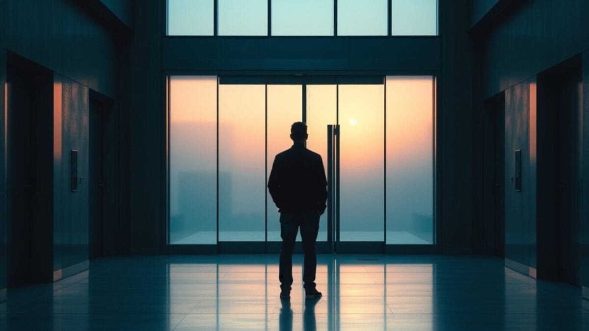 Silhouette dans un hall institutionnel évoquant un flux d'information personnalisé