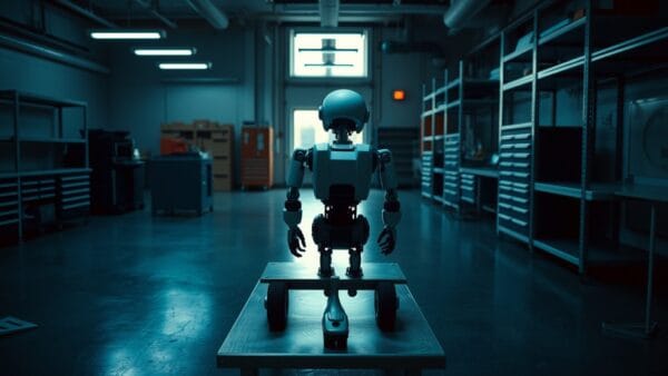 Châssis de robot humanoïde éteint, vu de dos, dans un laboratoire de robotique au crépuscule.