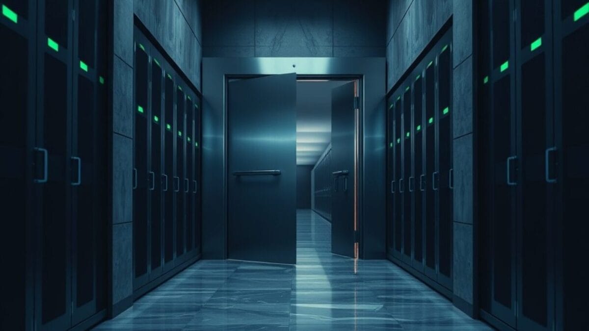 Google rend l'IA privée pratique avec le chiffrement homomorphique 1 Porte de coffre en acier entrouverte dans un couloir de serveurs sombre aux reflets vert émeraude.