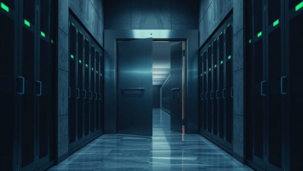 Porte de coffre en acier entrouverte dans un couloir de serveurs sombre aux reflets vert émeraude.
