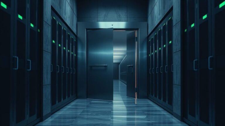 Porte de coffre en acier entrouverte dans un couloir de serveurs sombre aux reflets vert émeraude.