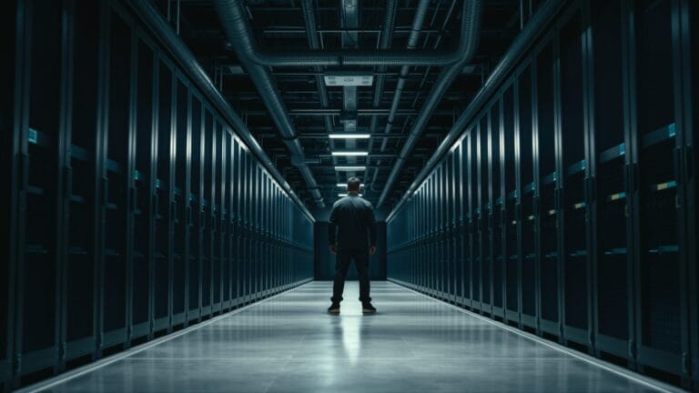 GPT-5.6 : Luna 80 % moins cher sur l'API OpenAI 6 Couloir de salle serveurs sombre, silhouette d'un technicien de dos au fond de l'allée.