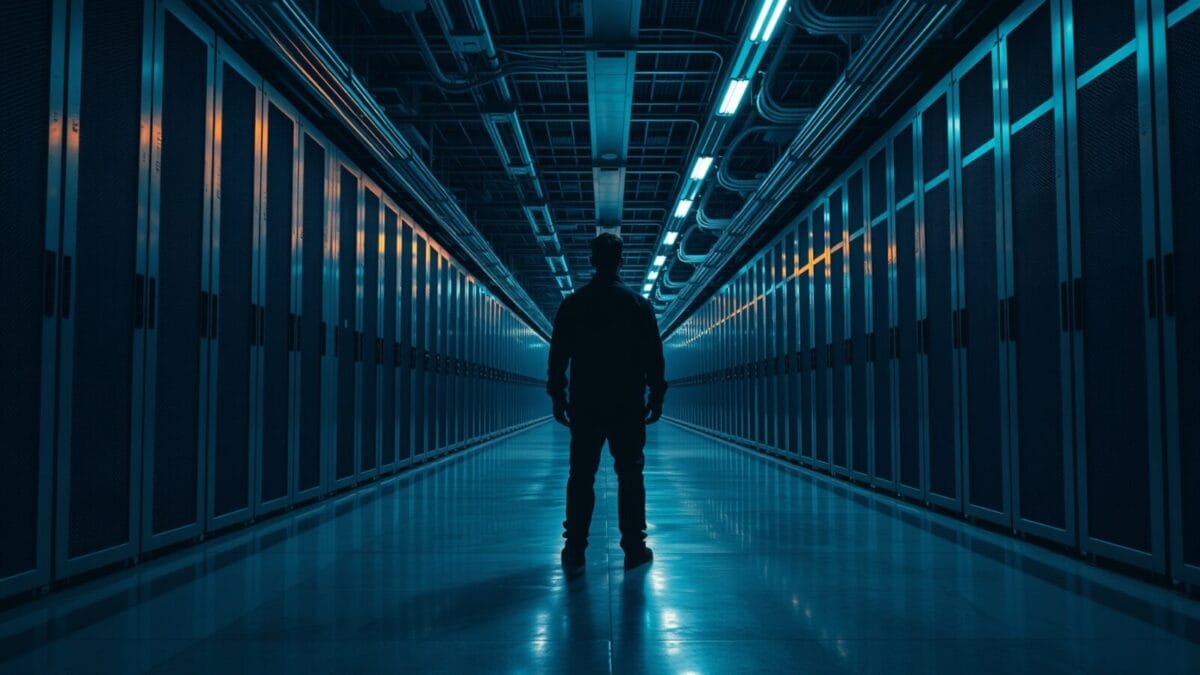 Allée d'une salle de serveurs plongée dans la pénombre, silhouette d'un technicien de dos au loin.