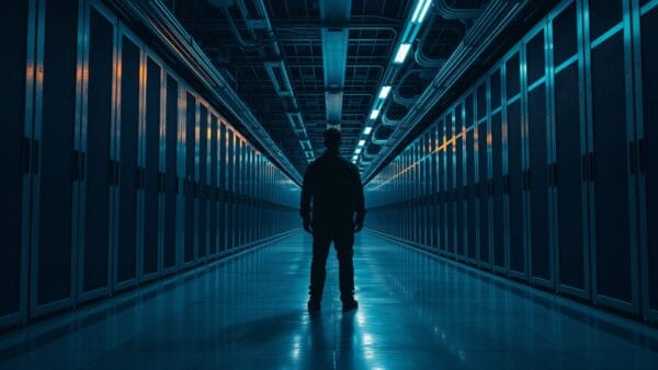Allée d'une salle de serveurs plongée dans la pénombre, silhouette d'un technicien de dos au loin.